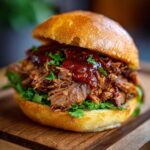 A close-up view of a delicious BBQ Pulled Jackfruit Sandwich on a wooden board, showcasing the shredded jackfruit, BBQ sauce, and fresh greens.