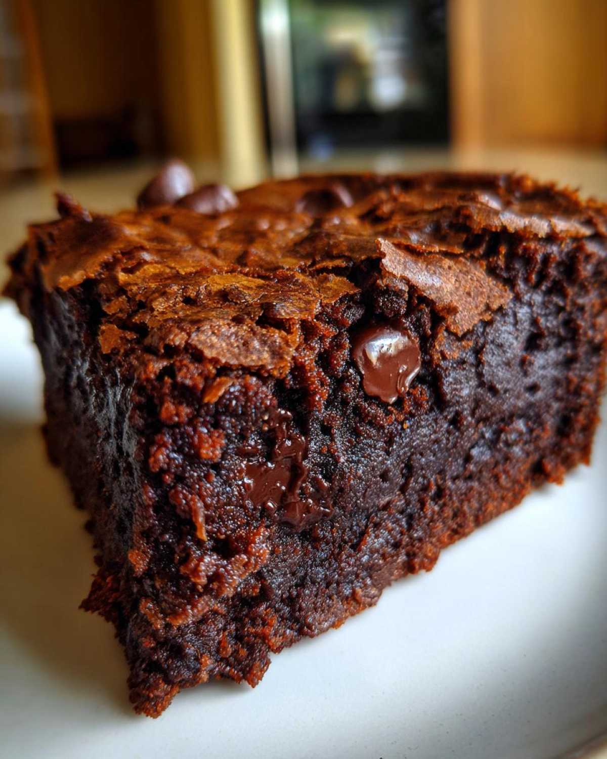 A close-up, detailed view of a fudgy Black Bean Brownie slice, showcasing melted chocolate chips and a rich texture.