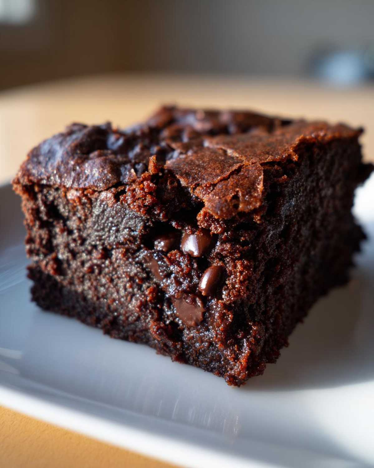 A close-up of a fudgy Black Bean Brownie slice on a white plate, showcasing melted chocolate chips.