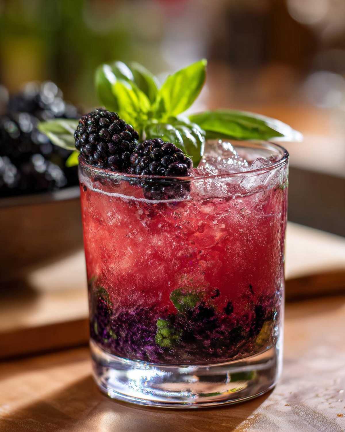 A refreshing Blackberry Basil Gin Smash cocktail garnished with fresh blackberries and basil leaves.