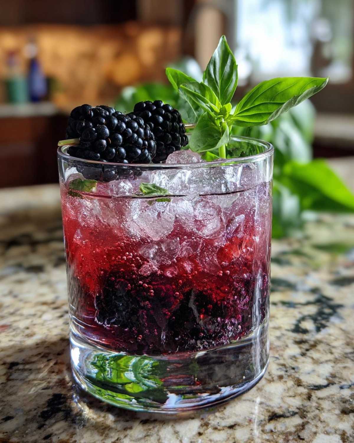 A refreshing Blackberry Basil Gin Smash cocktail with fresh blackberries and basil garnish on ice.