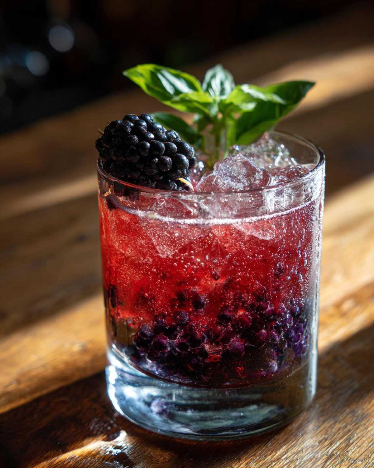 A refreshing Blackberry Basil Gin Smash cocktail in a glass, garnished with a fresh blackberry and basil leaves, served over ice.