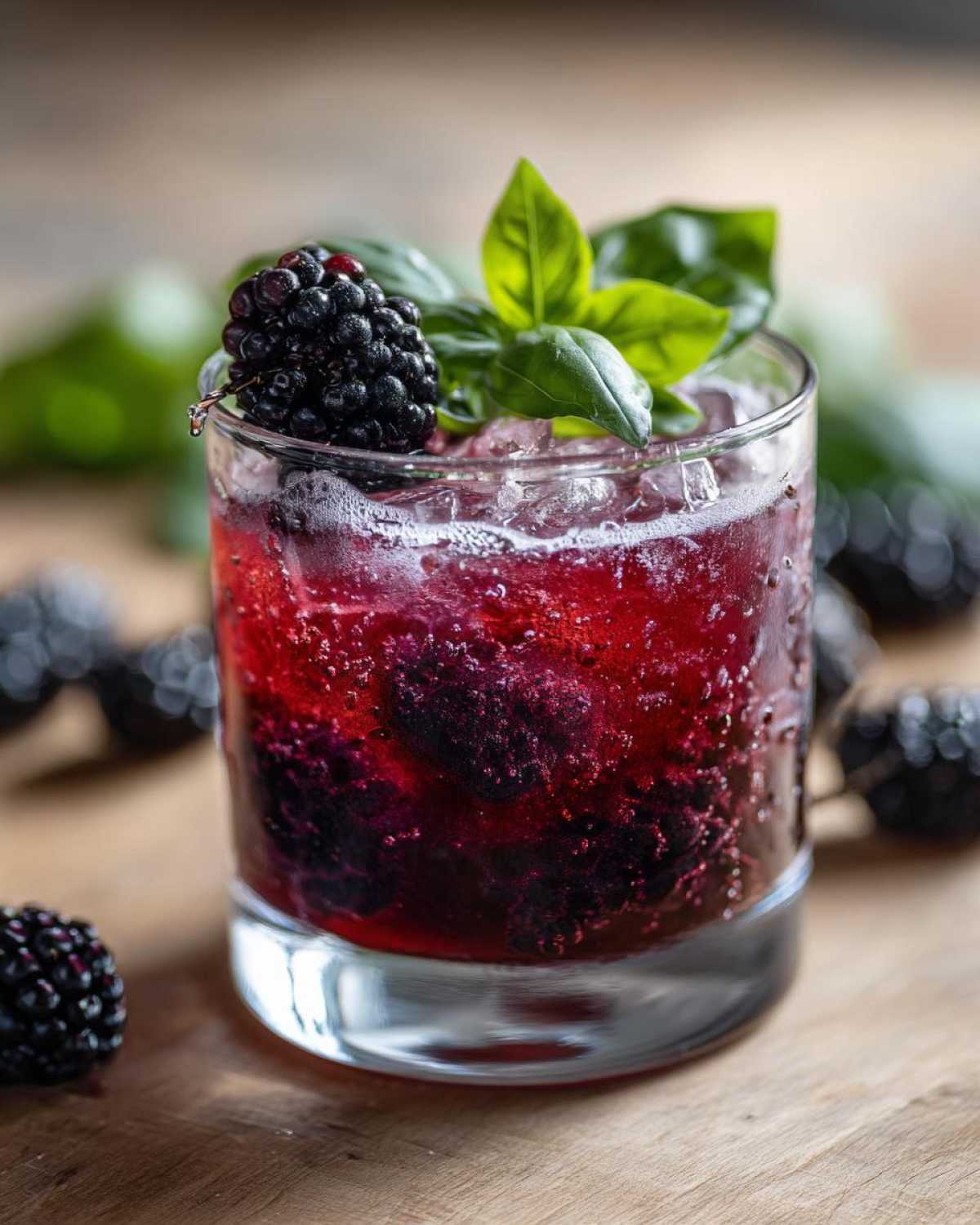 A refreshing Blackberry Basil Gin Smash cocktail in a glass, garnished with a fresh blackberry and basil leaves.