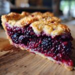 A close-up of a slice of rustic Blackberry Galette, showcasing the juicy blackberry filling and golden-brown crust.