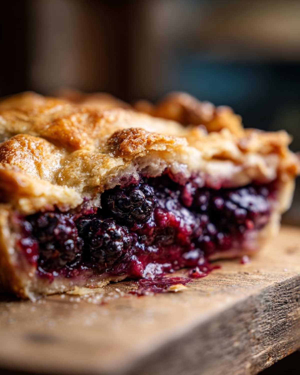 A close-up shot of a slice of a rustic Blackberry Galette, showcasing the flaky crust and abundant juicy blackberries.