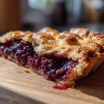 A close-up view of a slice of rustic Blackberry Galette on a wooden board, showcasing the flaky crust and juicy blackberry filling.