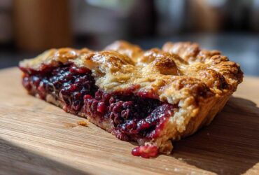A close-up view of a slice of rustic Blackberry Galette on a wooden board, showcasing the flaky crust and juicy blackberry filling.