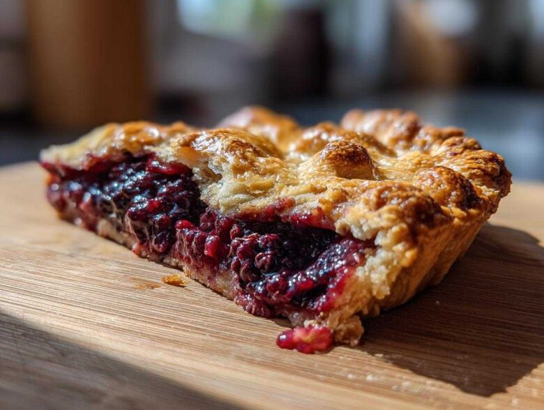 A close-up view of a slice of rustic Blackberry Galette on a wooden board, showcasing the flaky crust and juicy blackberry filling.