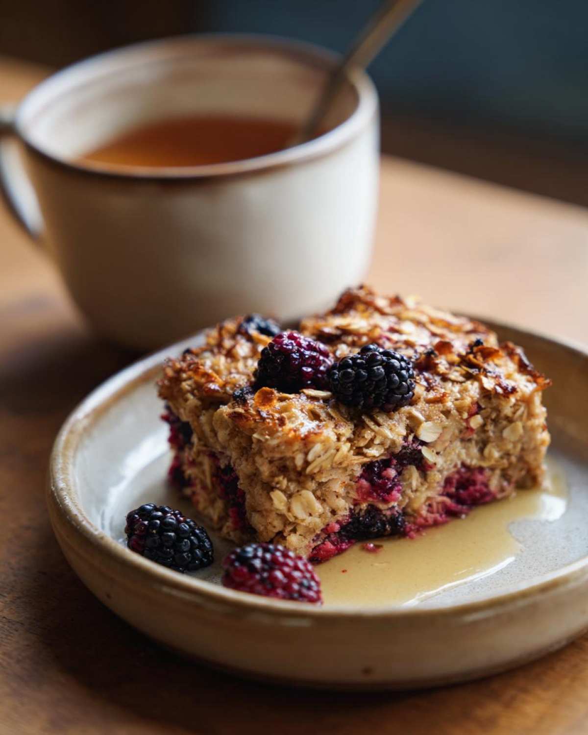 A slice of Blackberry Maple Oatmeal Bake topped with fresh blackberries and drizzled with maple syrup.