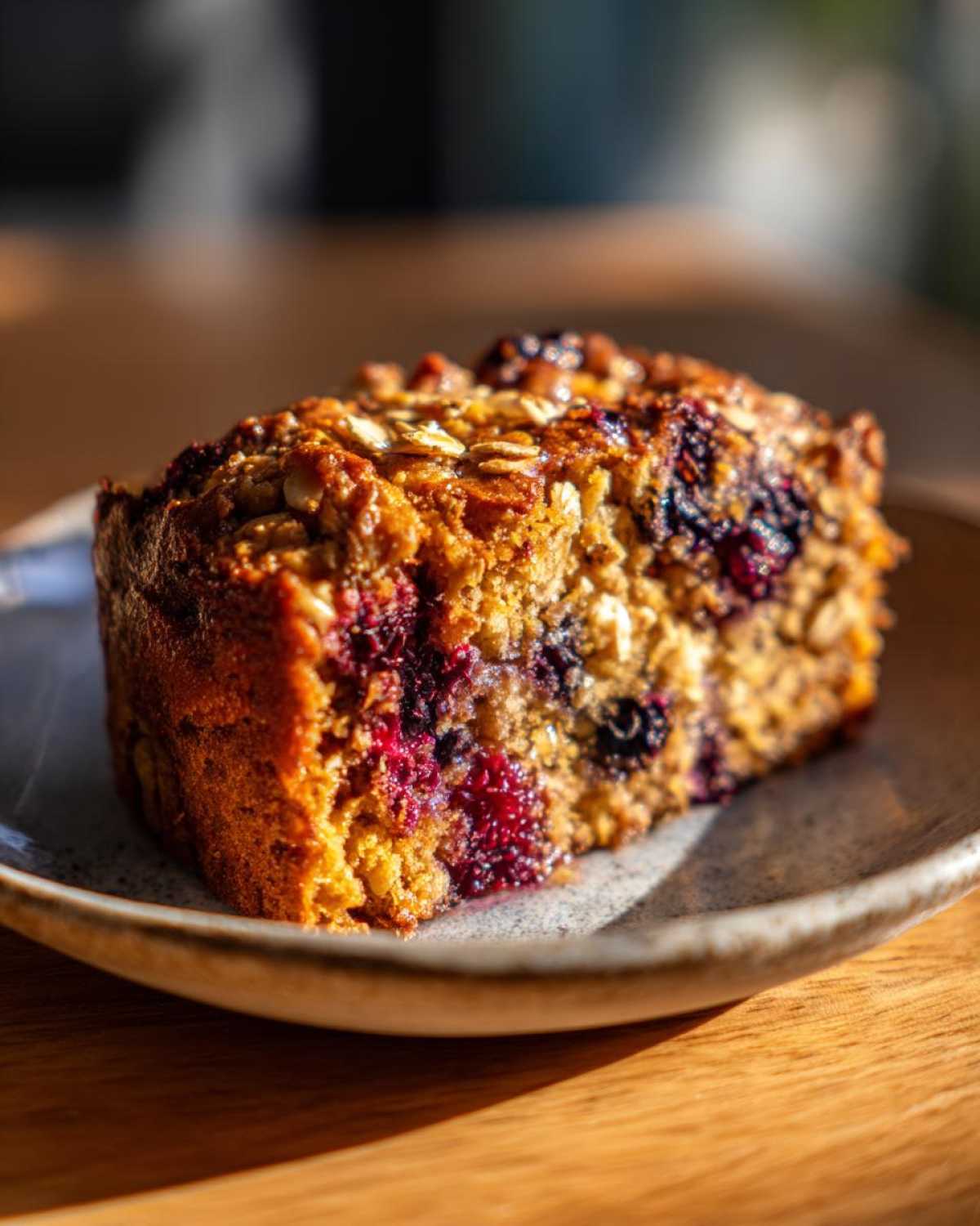A close-up of a slice of Blackberry Maple Oatmeal Bake, showing juicy blackberries and oats.