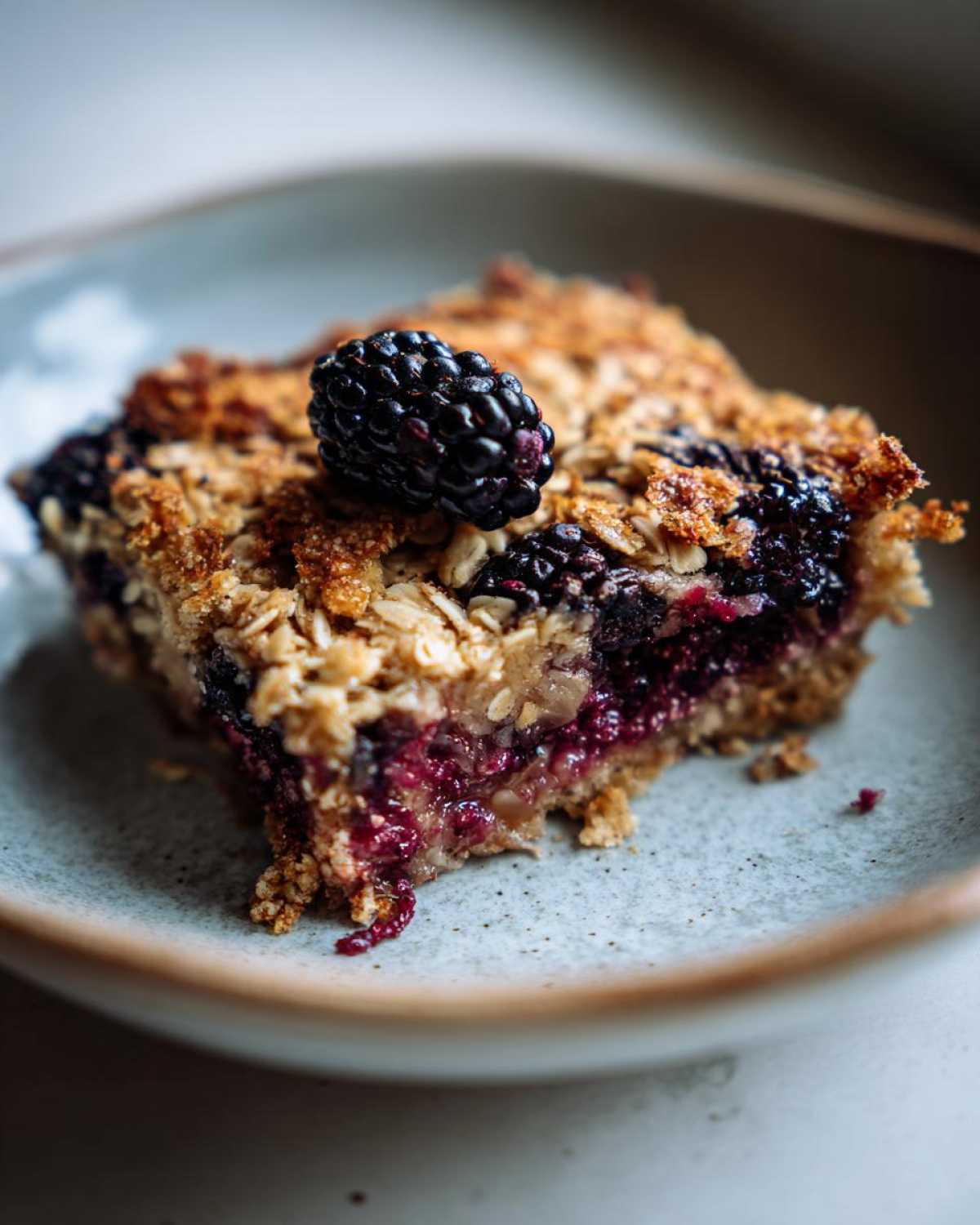 A close-up of a slice of Blackberry Maple Oatmeal Bake, topped with a fresh blackberry.