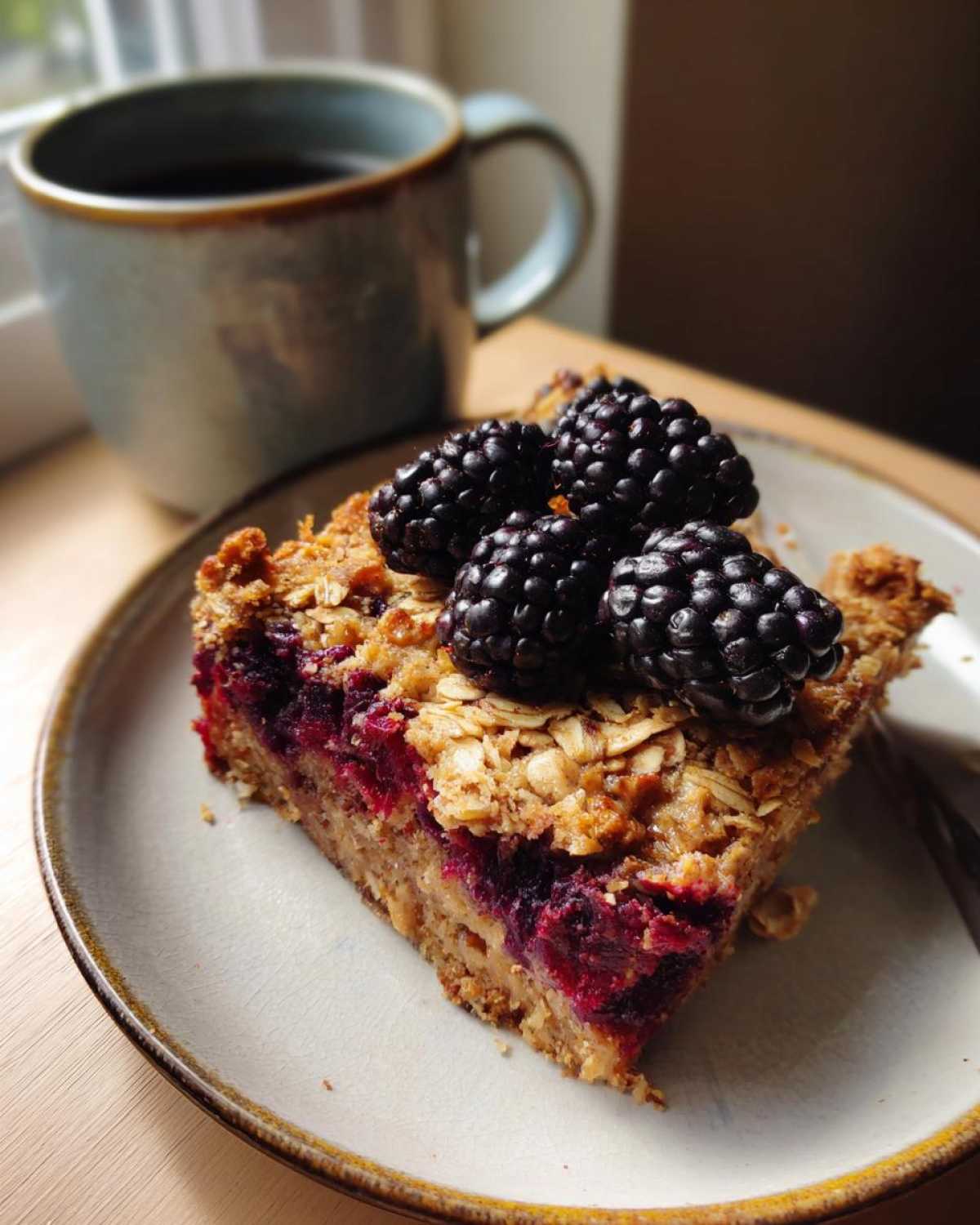 A slice of Blackberry Maple Oatmeal Bake topped with fresh blackberries and a side of coffee.