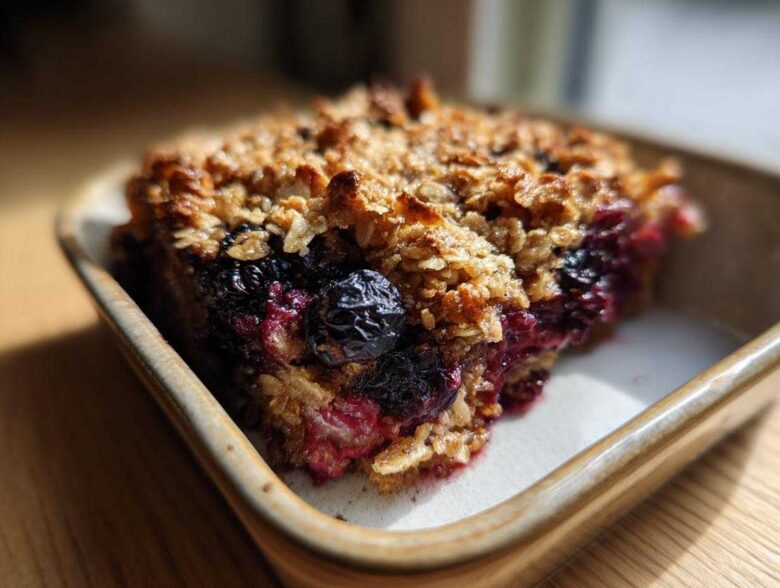 A close-up of a slice of Blackberry Maple Oatmeal Bake in a baking dish, showing the oatmeal topping and berry filling.