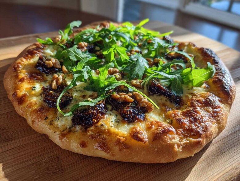A delicious Blue Cheese & Fig Flatbread topped with fresh arugula and walnuts on a wooden board.