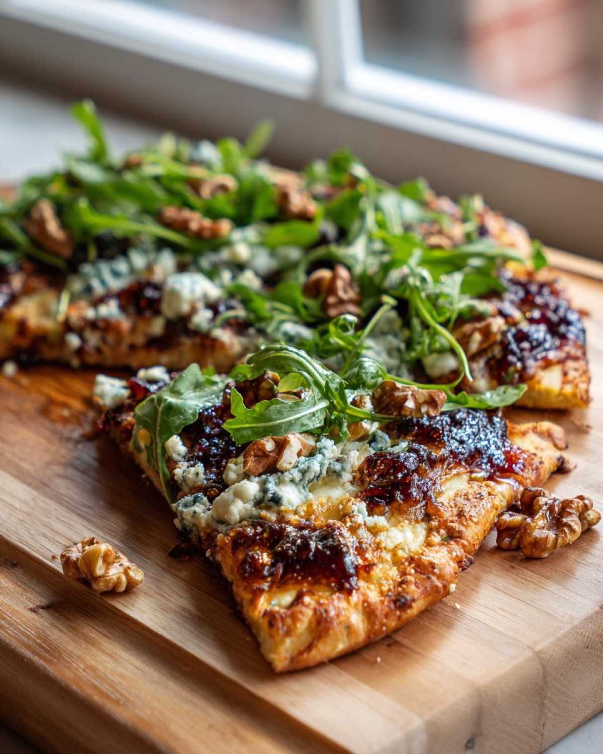 A slice of Blue Cheese & Fig Flatbread topped with arugula, walnuts, and crumbled blue cheese.