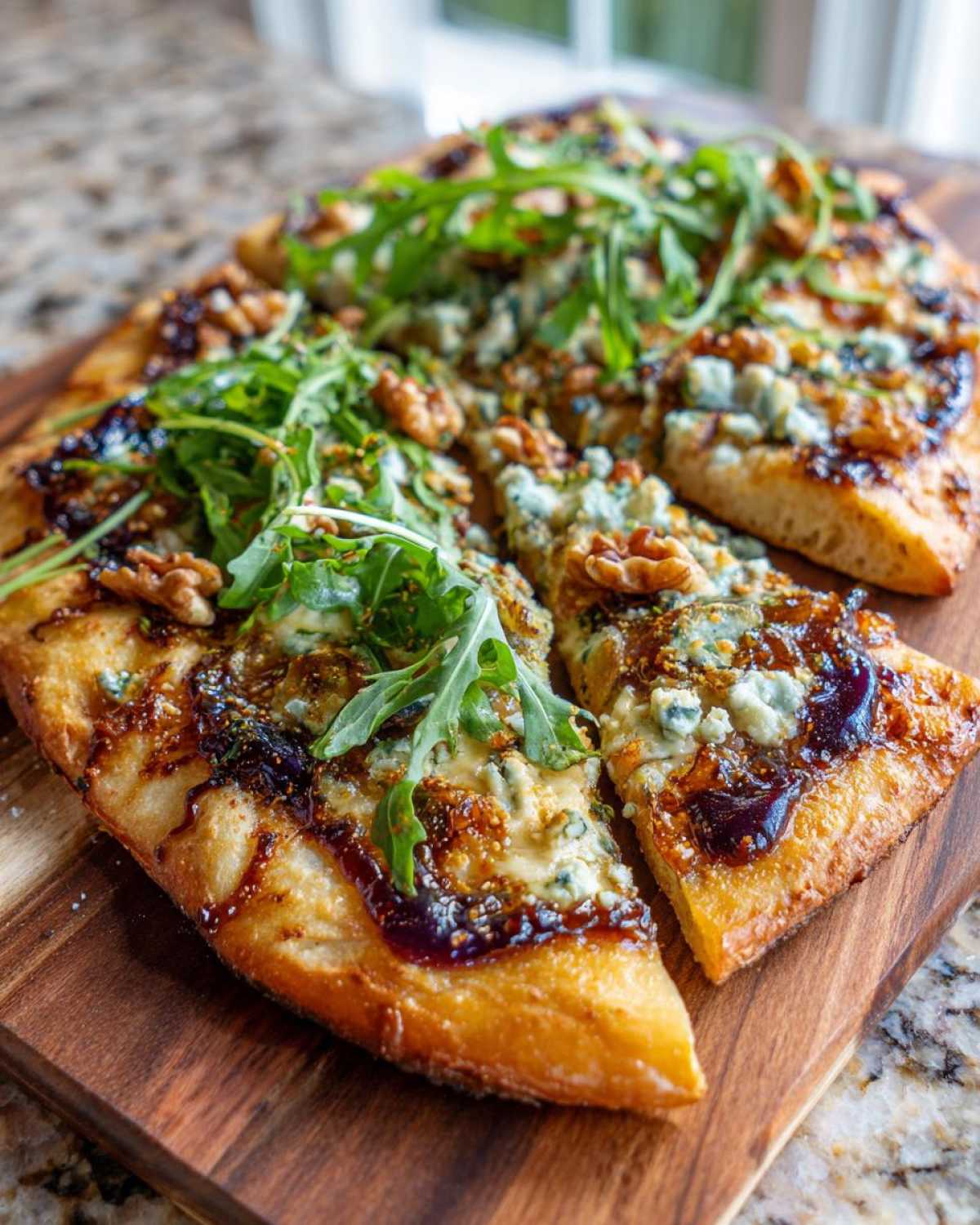 A whole Blue Cheese & Fig Flatbread topped with crumbled blue cheese, fig jam, walnuts, and fresh arugula, sliced and served on a wooden board.
