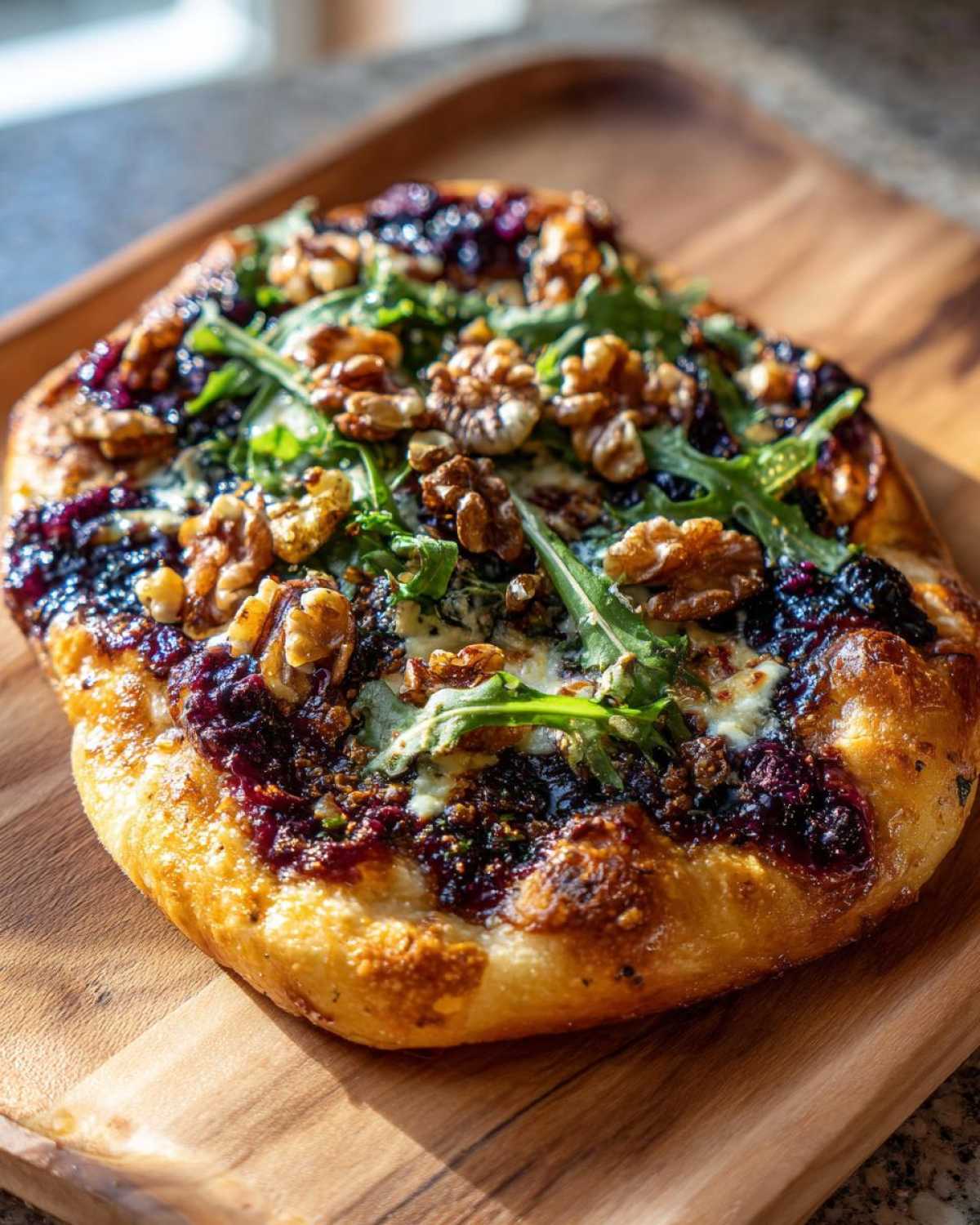 A delicious Blue Cheese & Fig Flatbread topped with walnuts and fresh arugula, served on a wooden board.