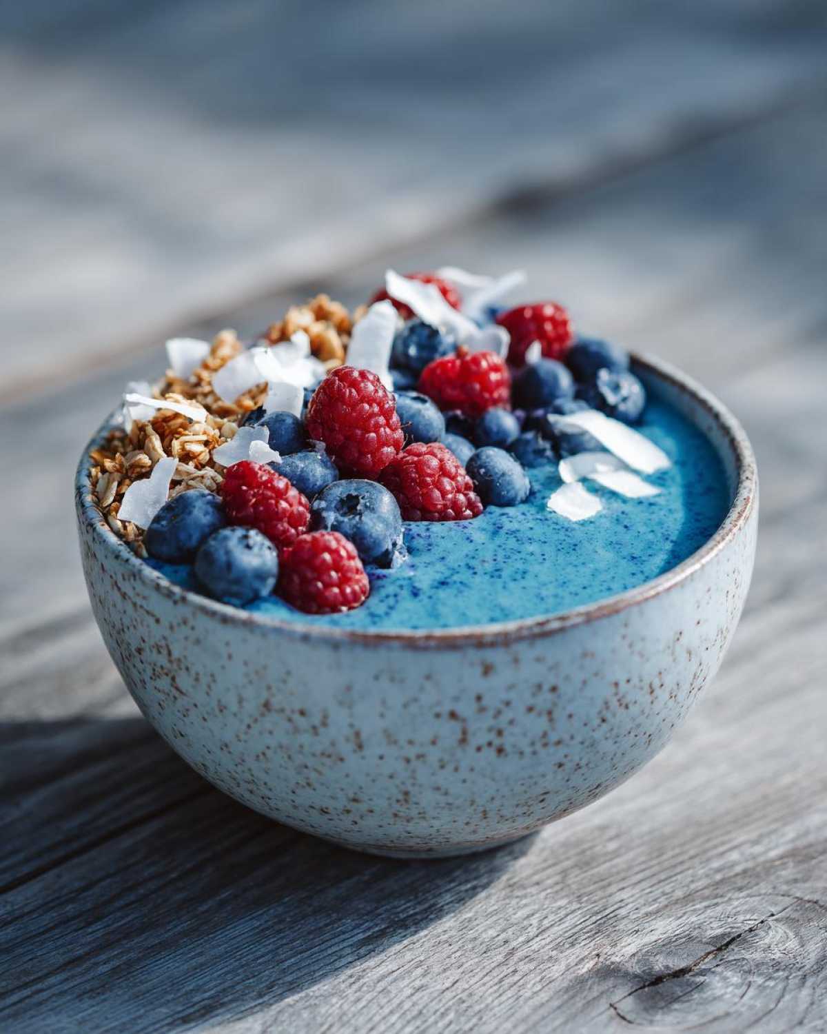 A close-up of a Blue Spirulina Smoothie Bowl topped with fresh blueberries, raspberries, granola, and coconut flakes.