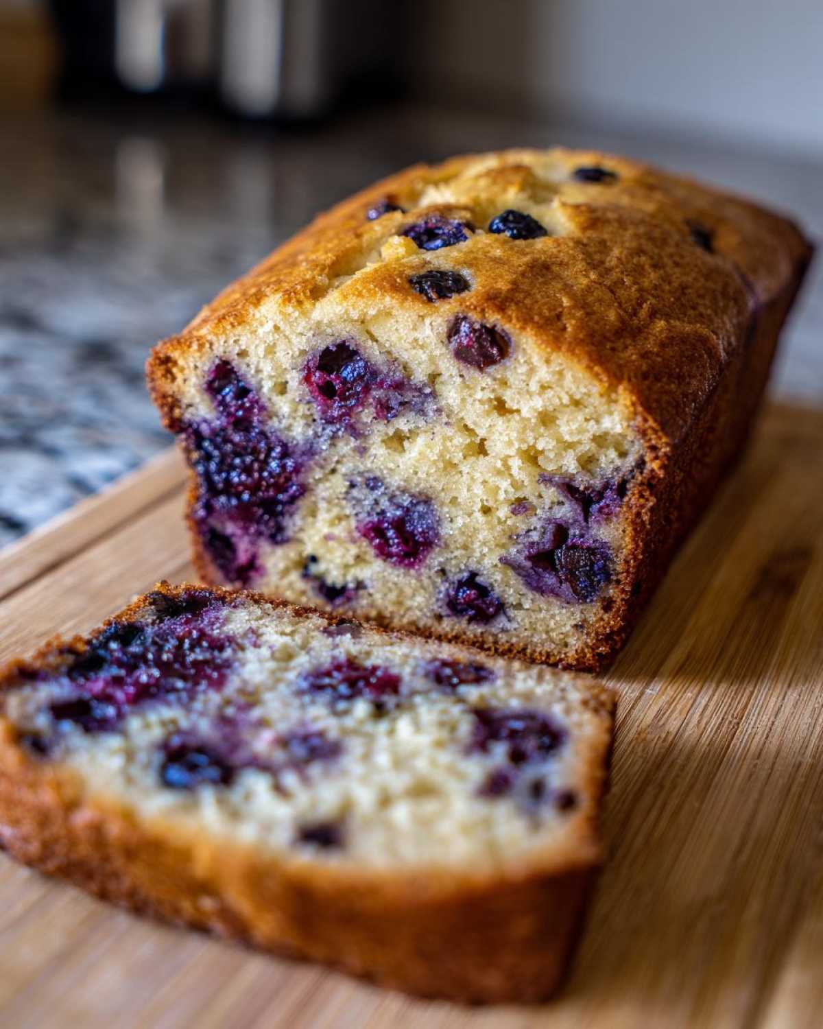 A close-up of a moist Blueberry Banana Bread loaf with a slice cut, showing plump blueberries throughout.