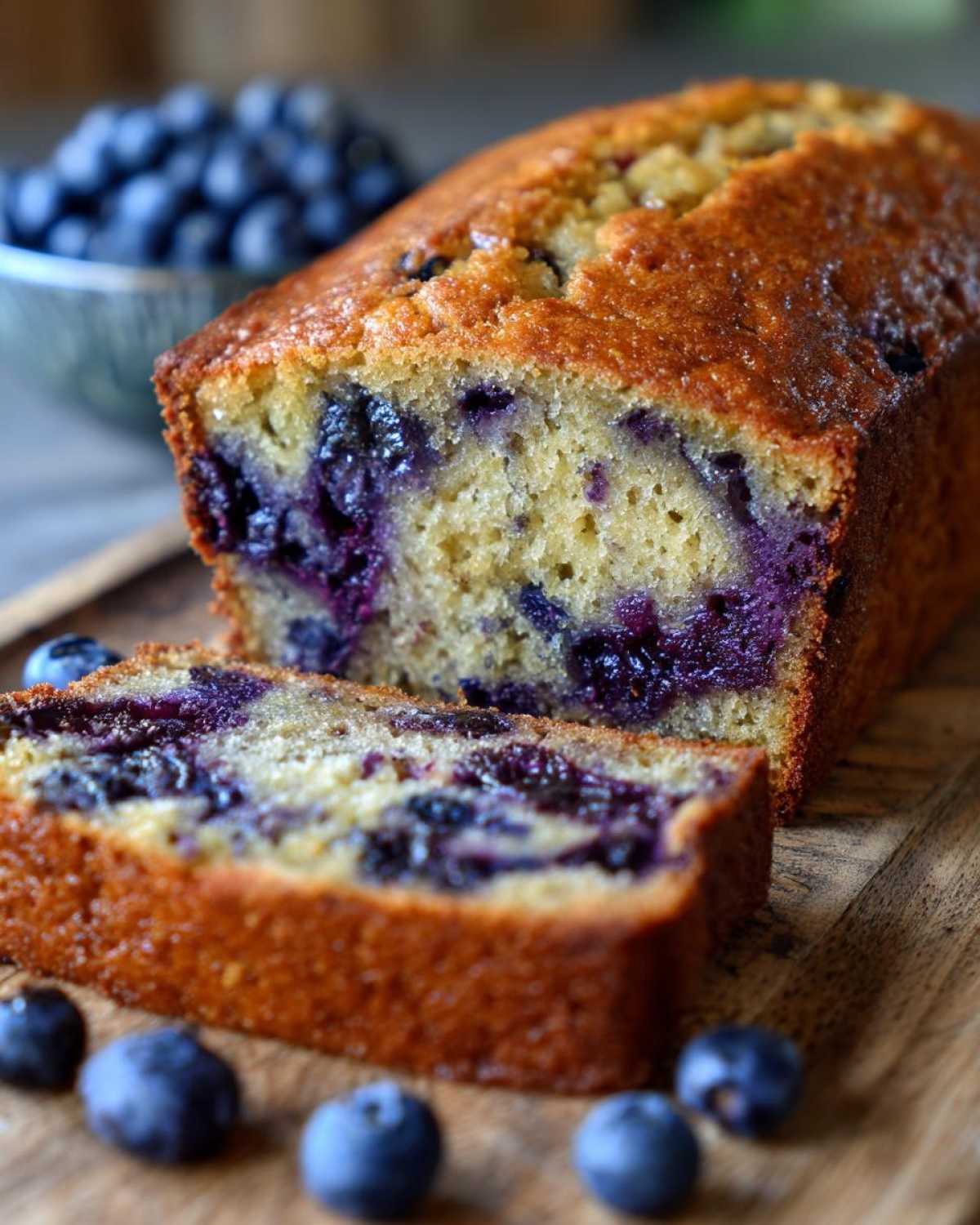 A close-up of a moist Blueberry Banana Bread loaf, with a slice cut and placed in front, showcasing plump blueberries.
