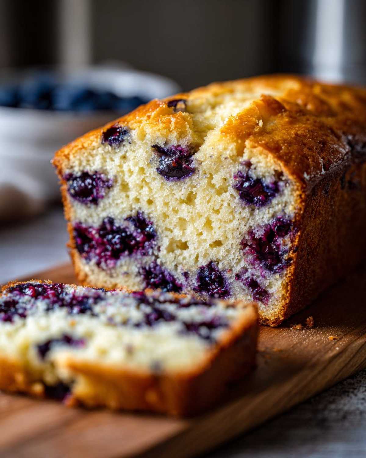 A moist Blueberry Banana Bread loaf with two slices cut, showcasing plump blueberries throughout.