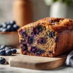 A close-up of a slice of moist Blueberry Banana Bread on a wooden cutting board, with fresh blueberries scattered around.
