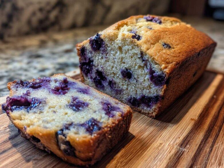 A close-up of a moist Blueberry Banana Bread loaf, with one slice cut and showing plump blueberries.