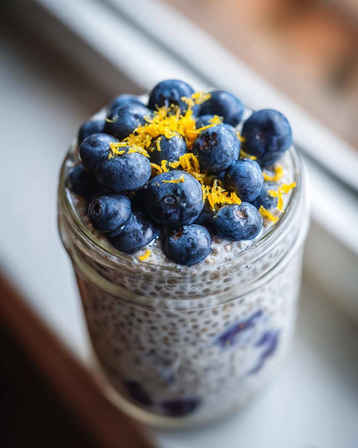 A close-up of Blueberry Lemon Chia Pudding in a glass jar, topped with fresh blueberries and lemon zest.