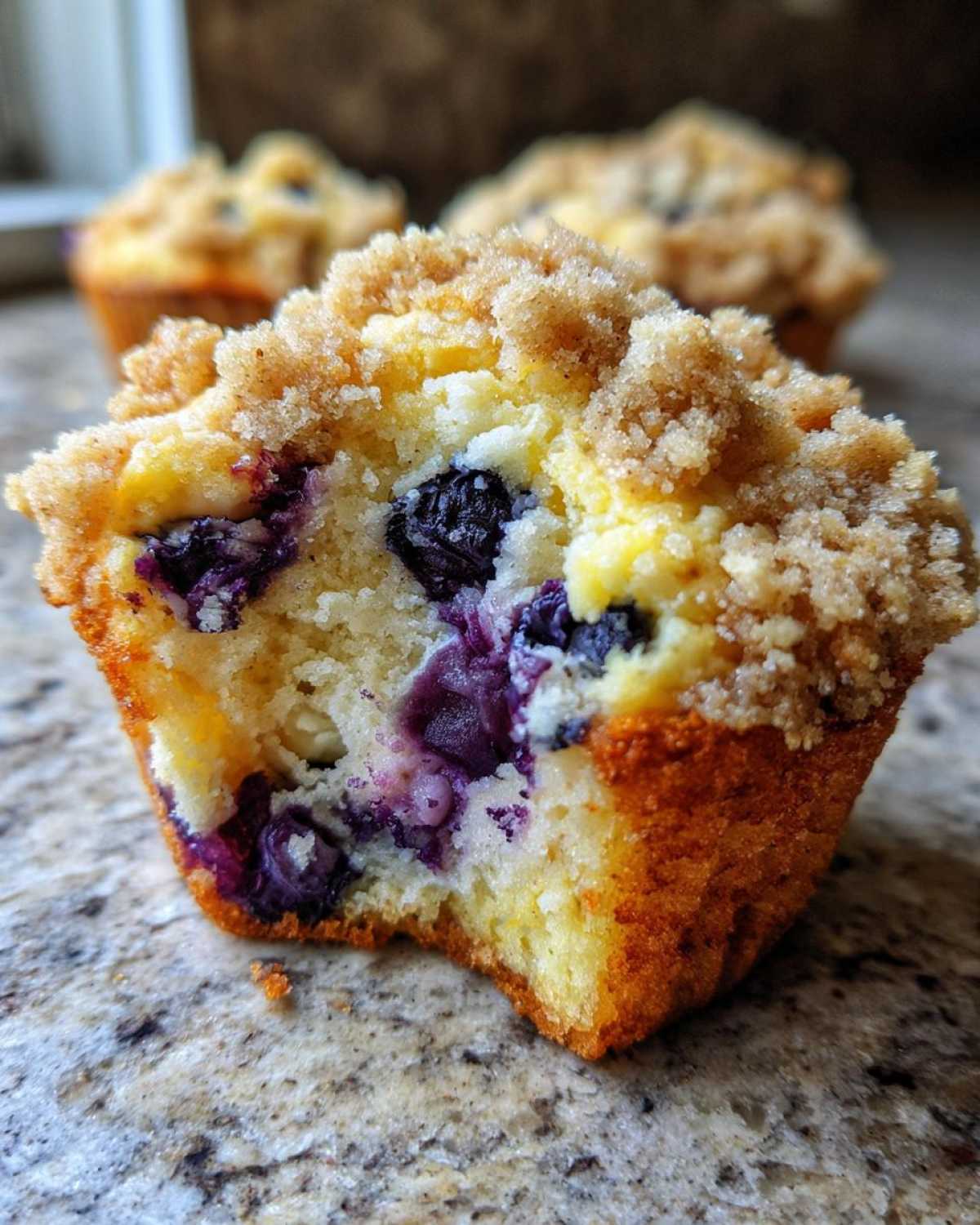 Close-up of a delicious blueberry streusel muffin with a bite taken out, revealing juicy blueberries and a crumbly topping.