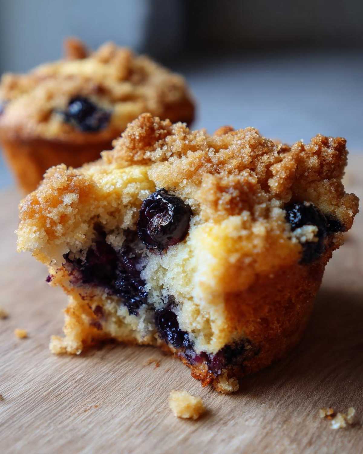 A close-up of a delicious blueberry streusel muffin with a bite taken out, showing juicy blueberries and crumb topping.