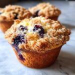 Close-up of a golden-brown blueberry streusel muffin with visible blueberries and a crumbly topping.