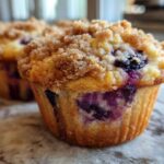 Close-up of a delicious blueberry streusel muffin, showing the crumb topping and bursting blueberries.
