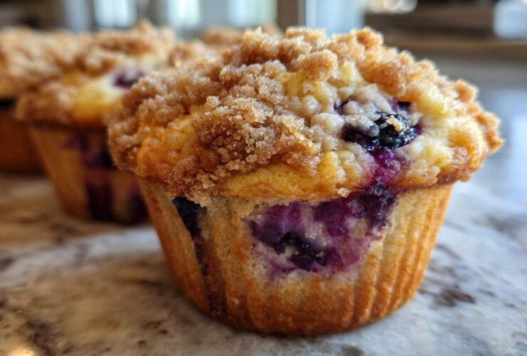 Close-up of a delicious blueberry streusel muffin, showing the crumb topping and bursting blueberries.