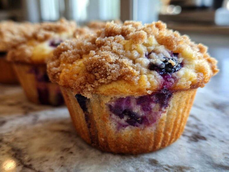 Close-up of a delicious blueberry streusel muffin, showing the crumb topping and bursting blueberries.