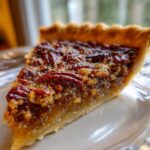A close-up of a delicious slice of Brown Butter Bourbon Pecan Pie on a plate, showcasing the flaky crust and rich filling.
