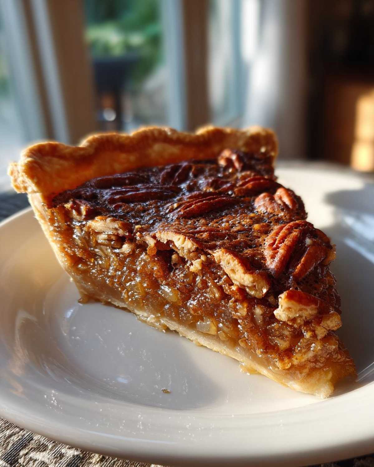 A delicious slice of Brown Butter Bourbon Pecan Pie on a white plate, showcasing a flaky crust and rich filling topped with pecans.