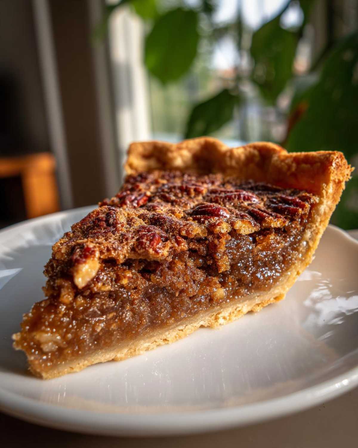 A close-up of a slice of Brown Butter Bourbon Pecan Pie on a white plate, showing the flaky crust and rich filling.