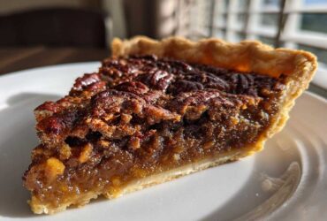 A close-up of a slice of delicious Brown Butter Bourbon Pecan Pie on a white plate.