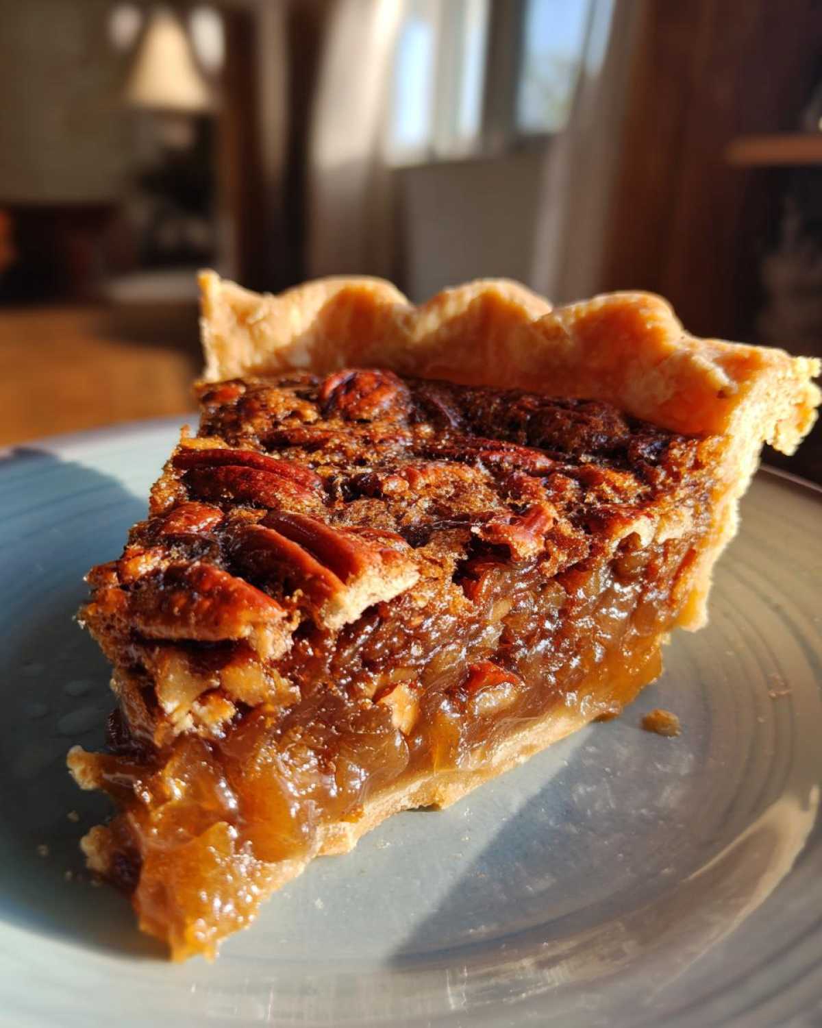 A delicious slice of Brown Butter Bourbon Pecan Pie on a blue plate, showcasing the gooey filling and pecan topping.