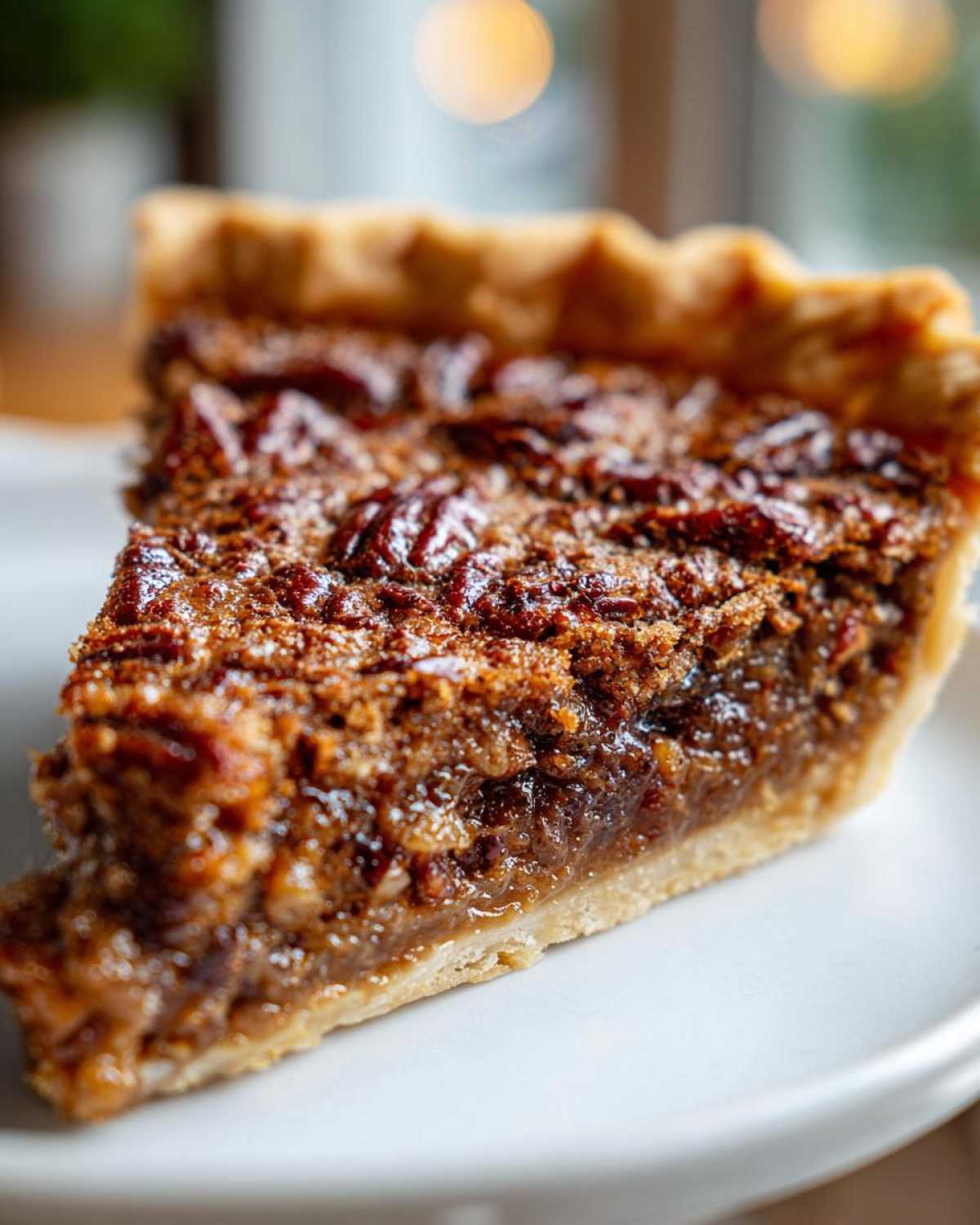 A close-up of a slice of Brown Butter Bourbon Pecan Pie on a white plate, showcasing the rich filling and pecans.