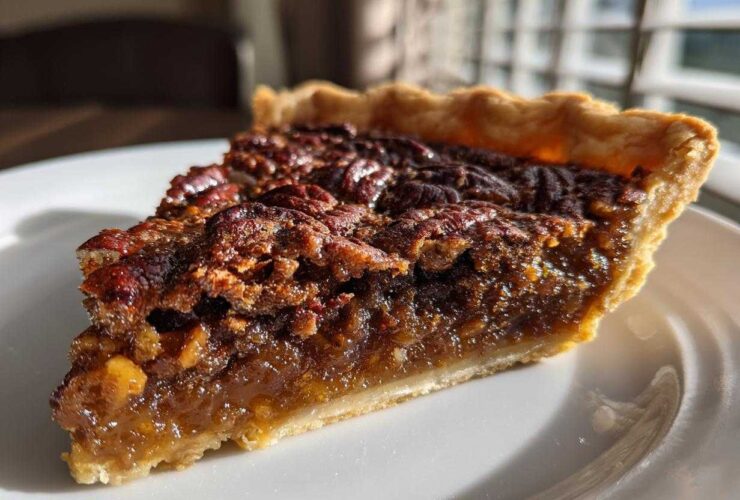 A close-up of a slice of delicious Brown Butter Bourbon Pecan Pie on a white plate.