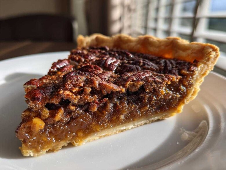 A close-up of a slice of delicious Brown Butter Bourbon Pecan Pie on a white plate.