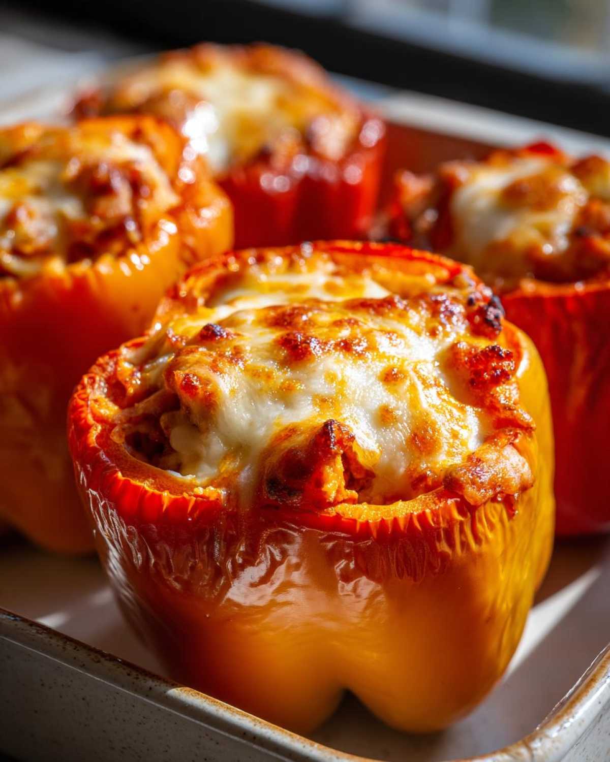 Close-up of baked Buffalo Chicken Stuffed Peppers topped with melted, golden-brown cheese.