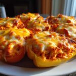 Close-up of baked yellow bell peppers stuffed with buffalo chicken and melted cheese.