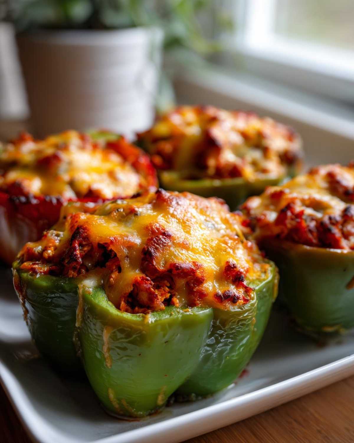 Close-up of delicious Buffalo Chicken Stuffed Peppers topped with melted golden cheese.