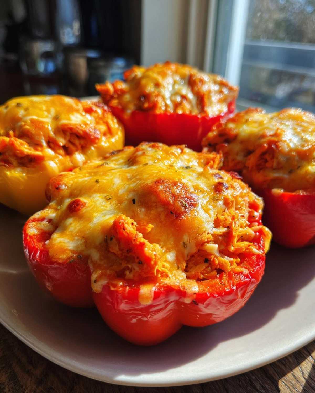 Close-up of four Buffalo Chicken Stuffed Peppers on a plate, topped with melted golden cheese and herbs.