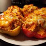 Close-up of delicious Buffalo Chicken Stuffed Peppers on a white plate, topped with melted cheese.