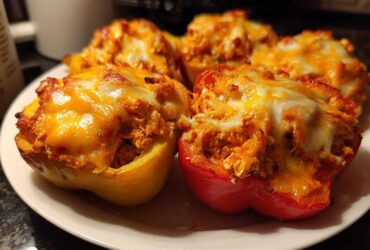 Close-up of delicious Buffalo Chicken Stuffed Peppers on a white plate, topped with melted cheese.