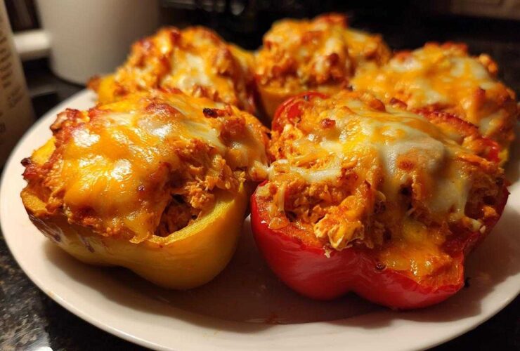 Close-up of delicious Buffalo Chicken Stuffed Peppers on a white plate, topped with melted cheese.