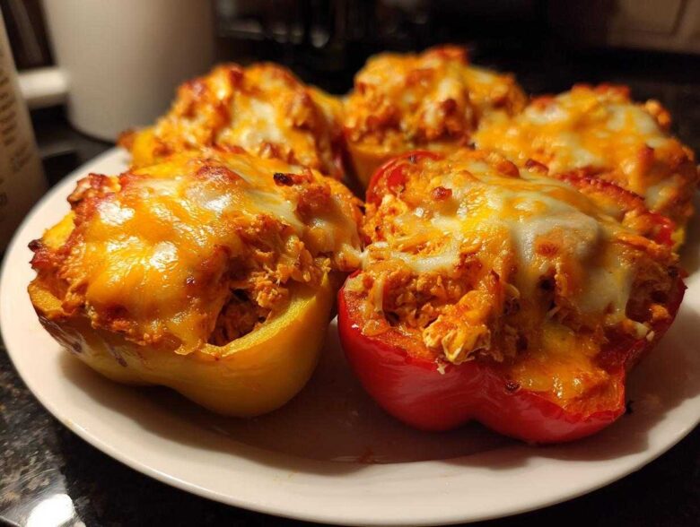 Close-up of delicious Buffalo Chicken Stuffed Peppers on a white plate, topped with melted cheese.